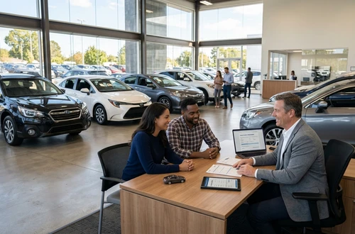DriveWise lending specialist reviewing a car loan application with a client in a bright modern office
